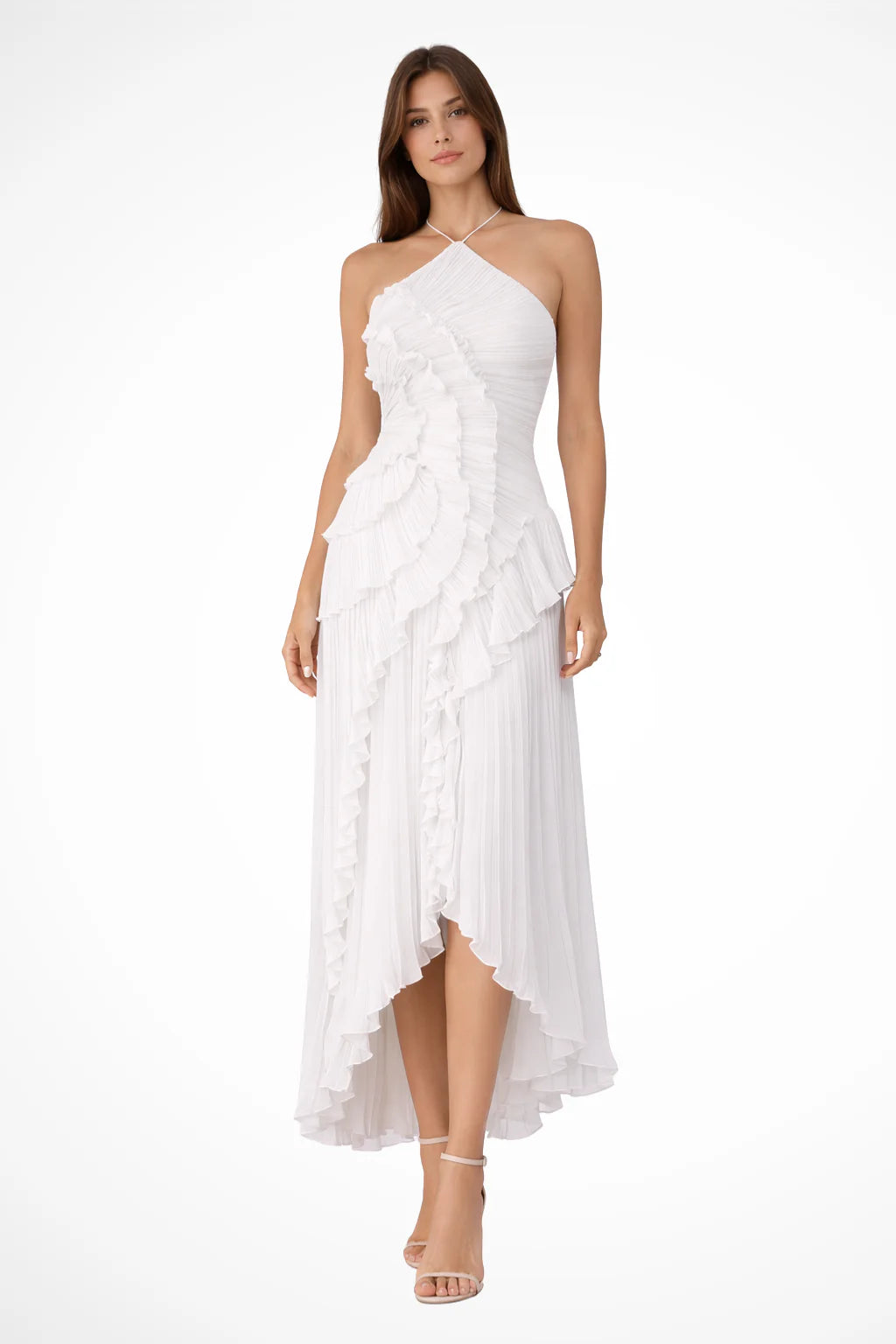 Women’s Sleeveless Halter Backless Ruffled Maxi Summer Wedding Guest Dress