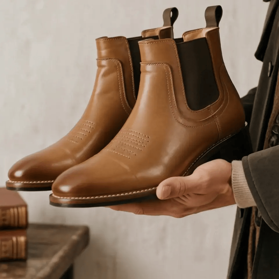 Brown leather Chelsea boots held by a person against a neutral background