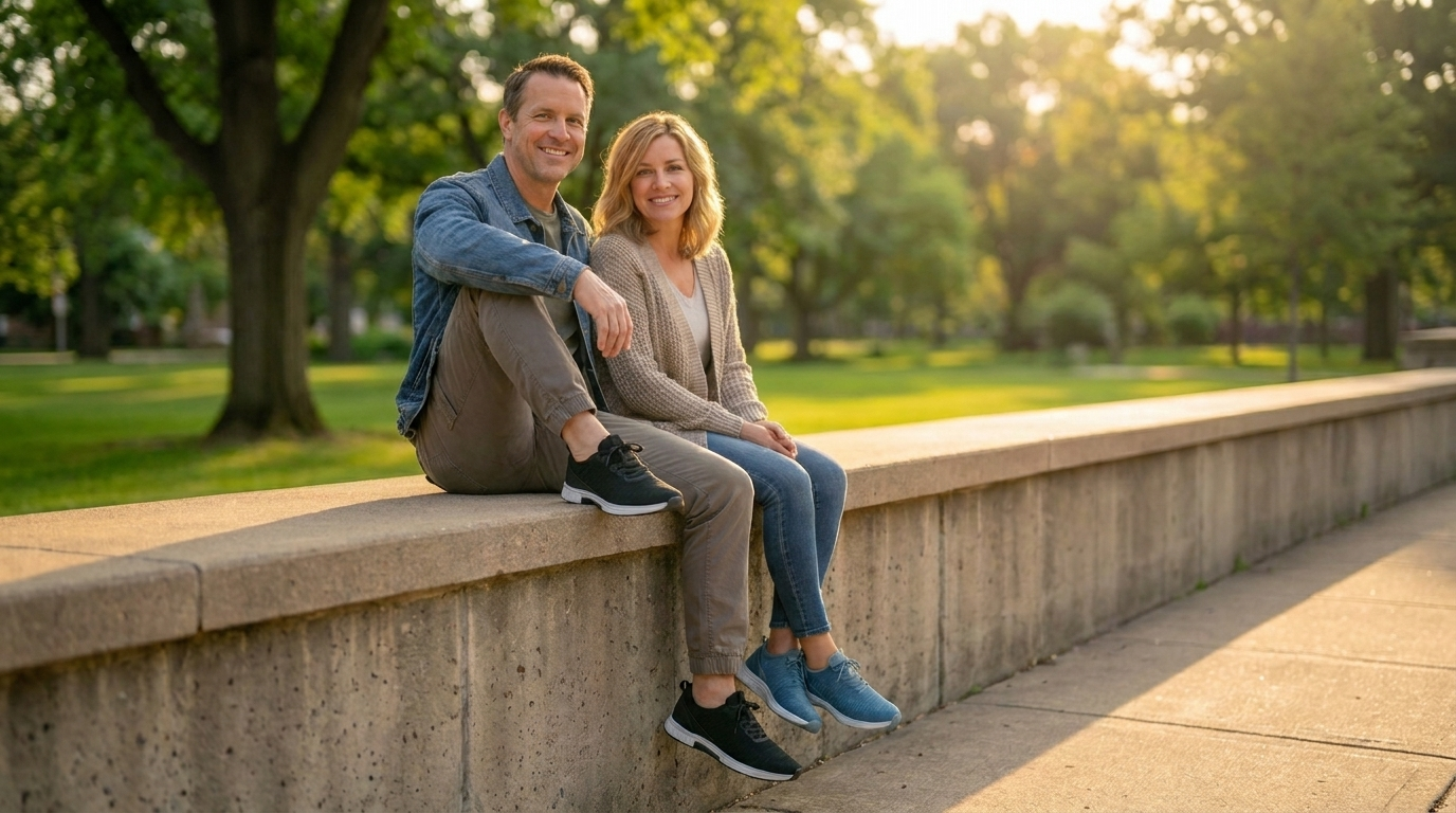 Man and woman sitting on a concrete ledge in a park during sunset.
