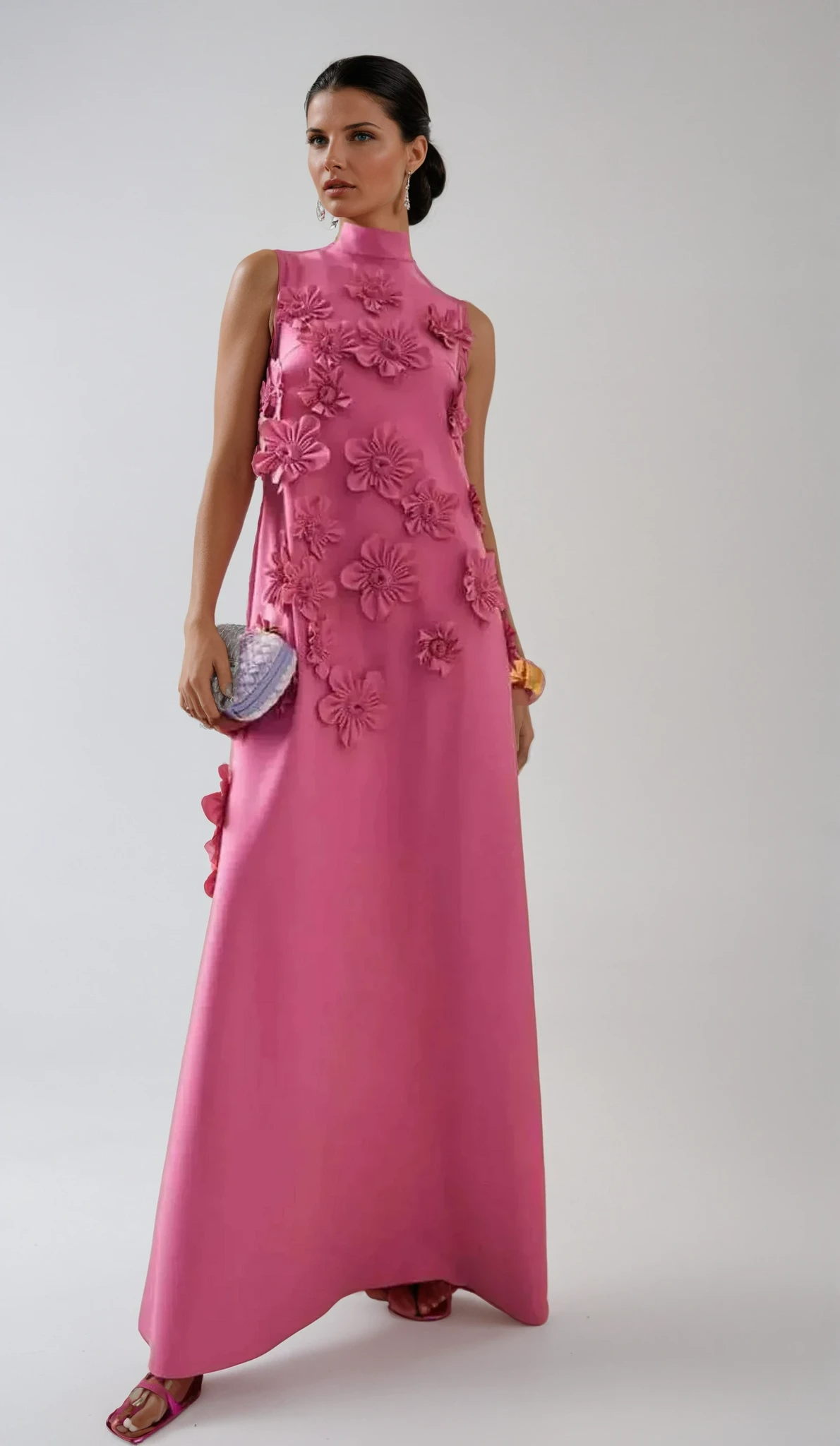 Flower Embellished Sleeveless Maxi Dress for Summer Evening Events