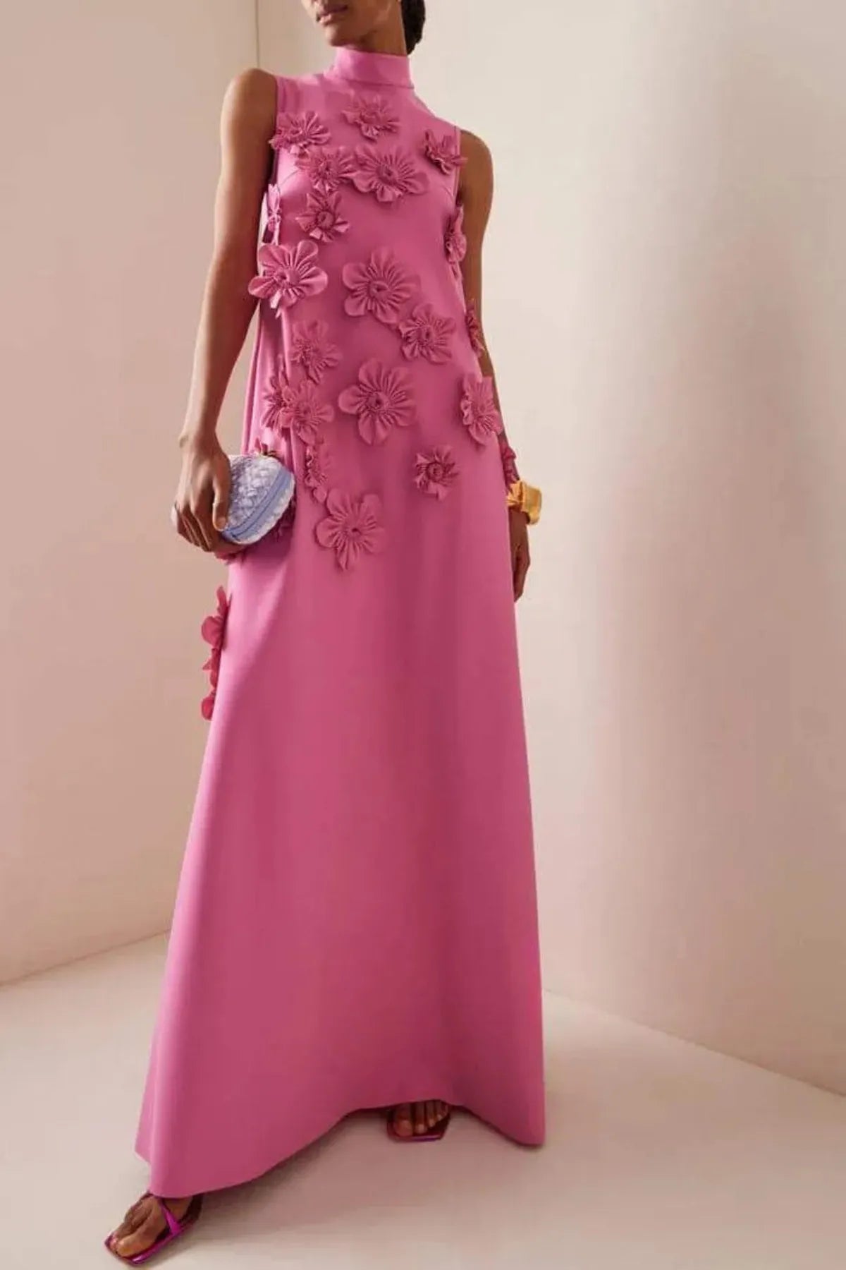 Flower Embellished Sleeveless Maxi Dress for Summer Evening Events