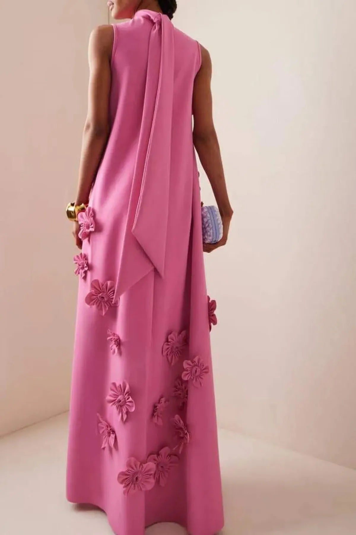 Flower Embellished Sleeveless Maxi Dress for Summer Evening Events