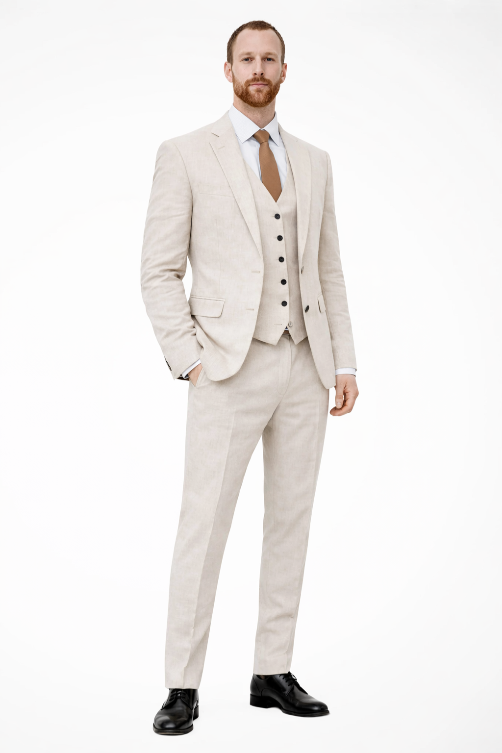 Men's Linen Three-Piece Wedding Suit Set - Blazer, Trousers, Waistcoat