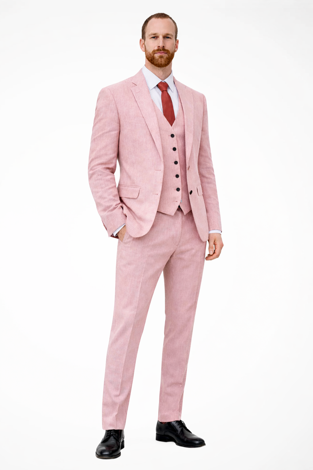 Men's Linen Three-Piece Wedding Suit Set - Blazer, Trousers, Waistcoat