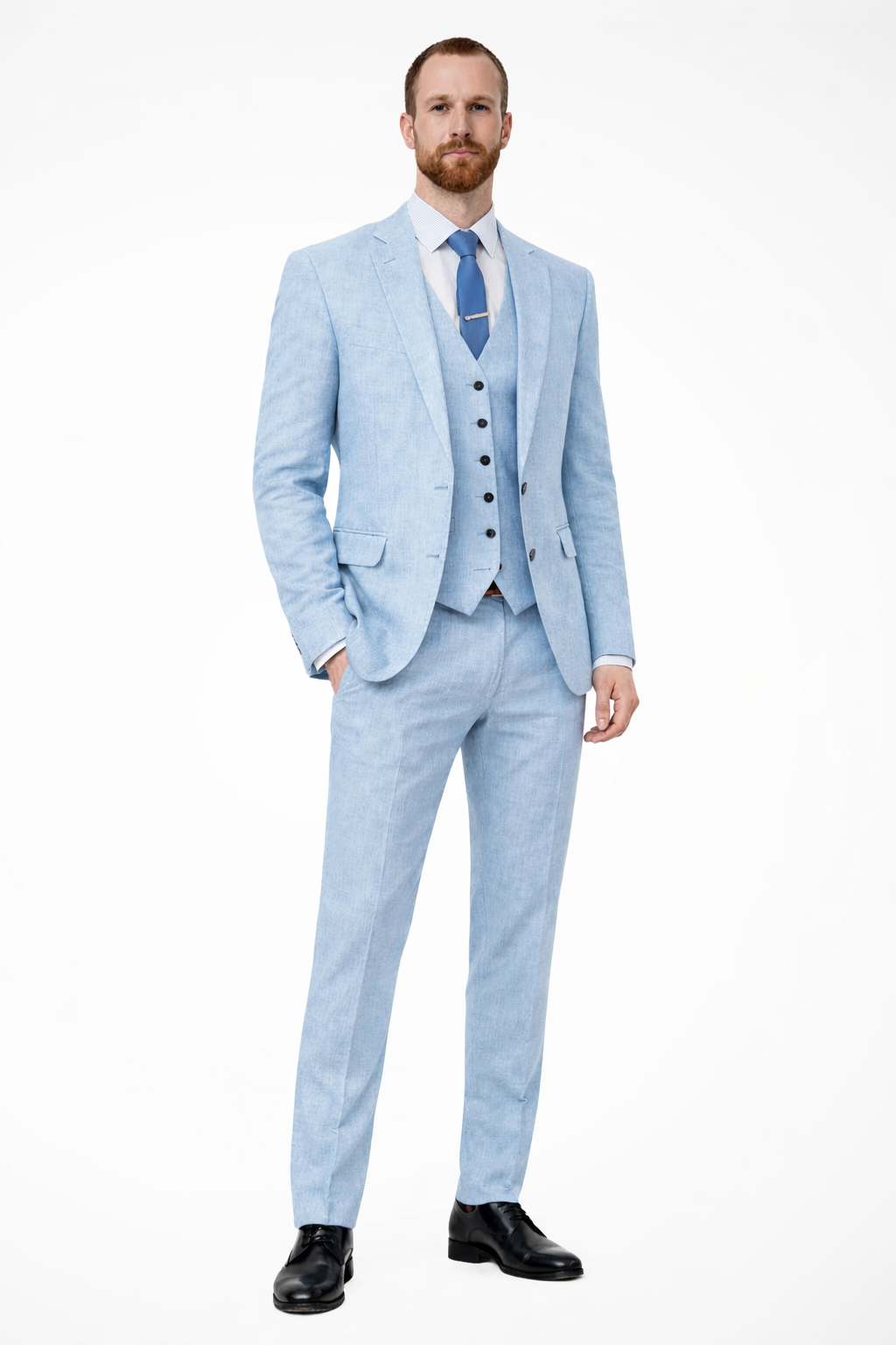 Men's Linen Three-Piece Wedding Suit Set - Blazer, Trousers, Waistcoat