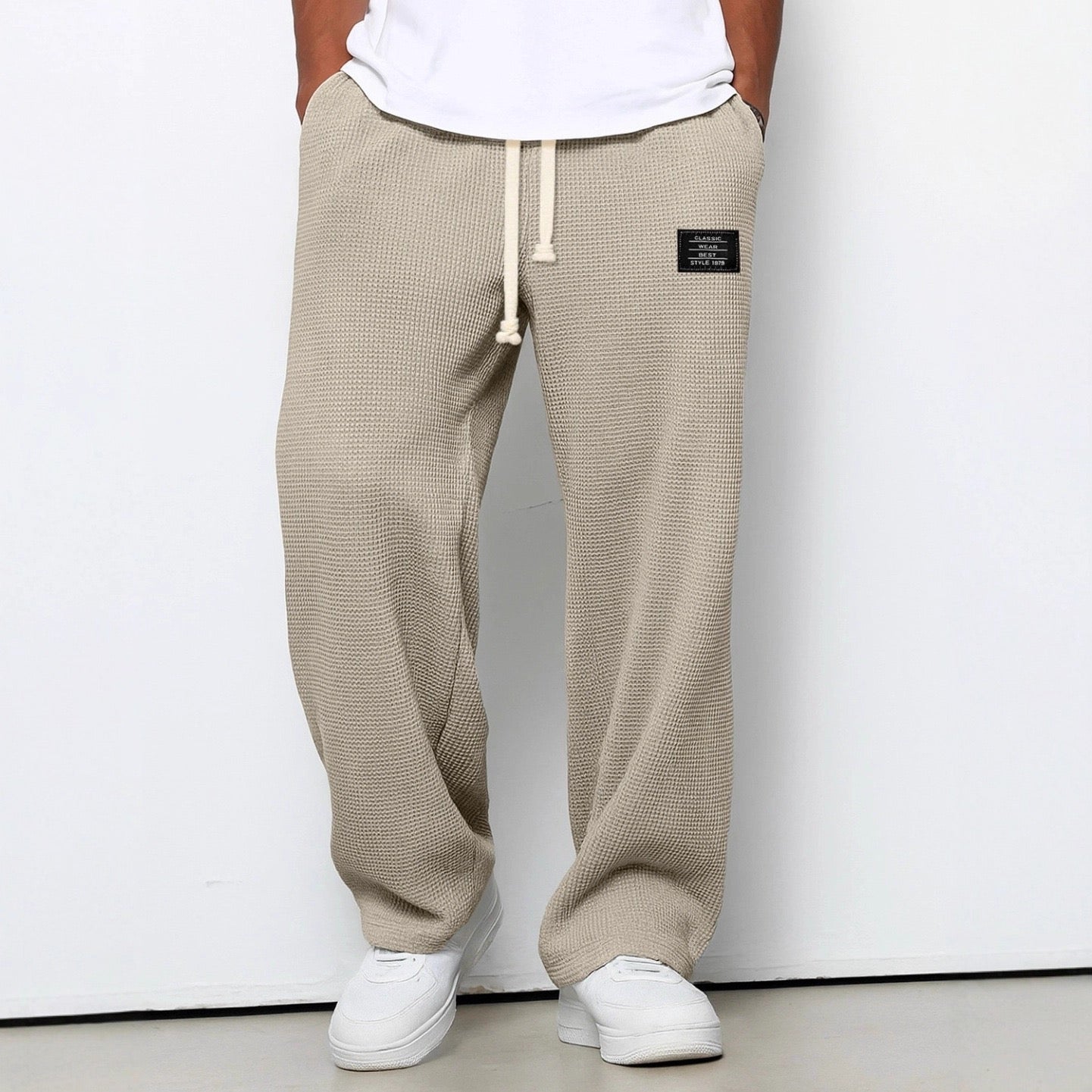Men's Waffle-Textured Full-Length Pants and Wide Legs for Casual Wear