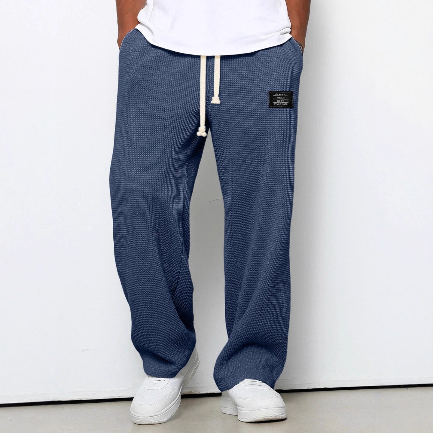 Men's Waffle-Textured Full-Length Pants and Wide Legs for Casual Wear