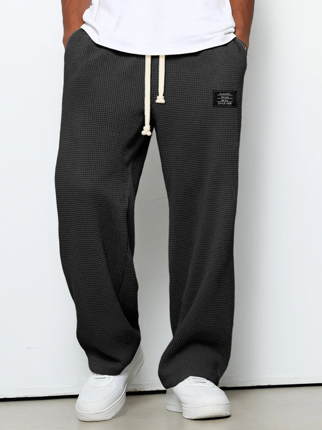 Men's Waffle-Textured Full-Length Pants and Wide Legs for Casual Wear