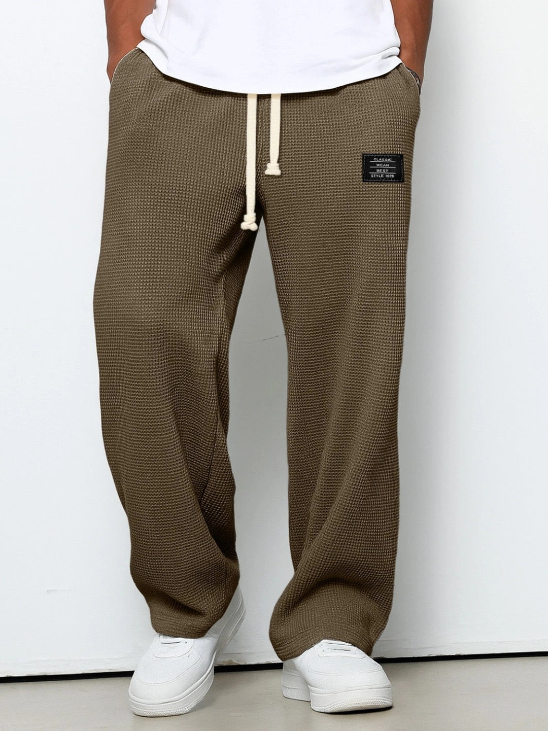 Men's Waffle-Textured Full-Length Pants and Wide Legs for Casual Wear