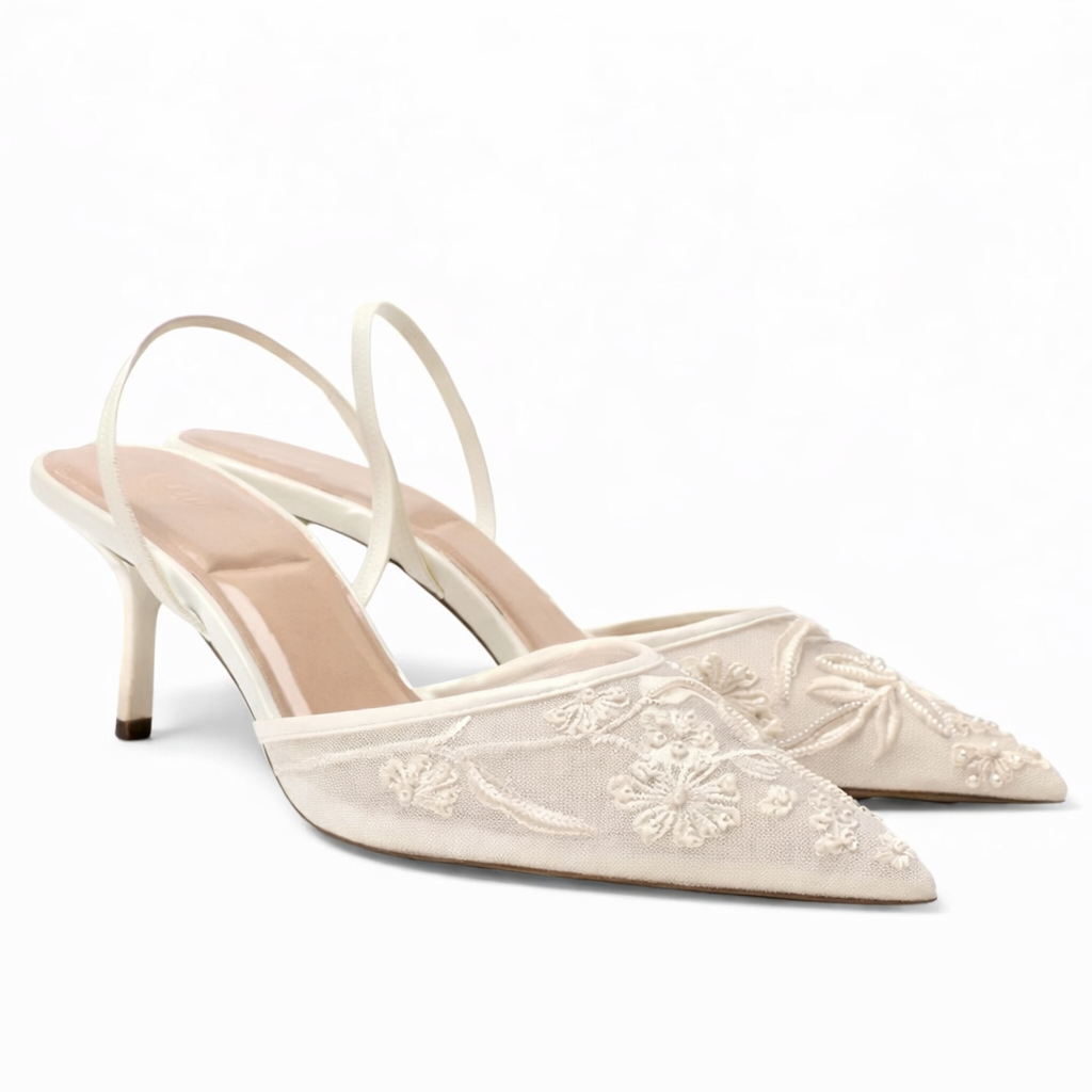 Women’s Embroidered Mesh Mule Heels – Floral Detail, Elegant Style – Evening, Casual