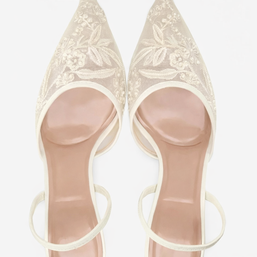 Women’s Embroidered Mesh Mule Heels – Floral Detail, Elegant Style – Evening, Casual