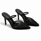 Women’s Embroidered Mesh Mule Heels – Floral Detail, Elegant Style – Evening, Casual