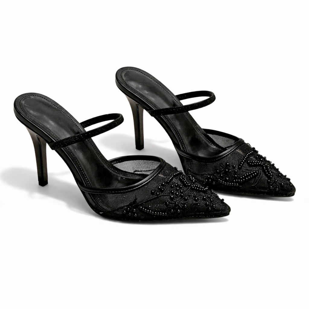 Women’s Embroidered Mesh Mule Heels – Floral Detail, Elegant Style – Evening, Casual