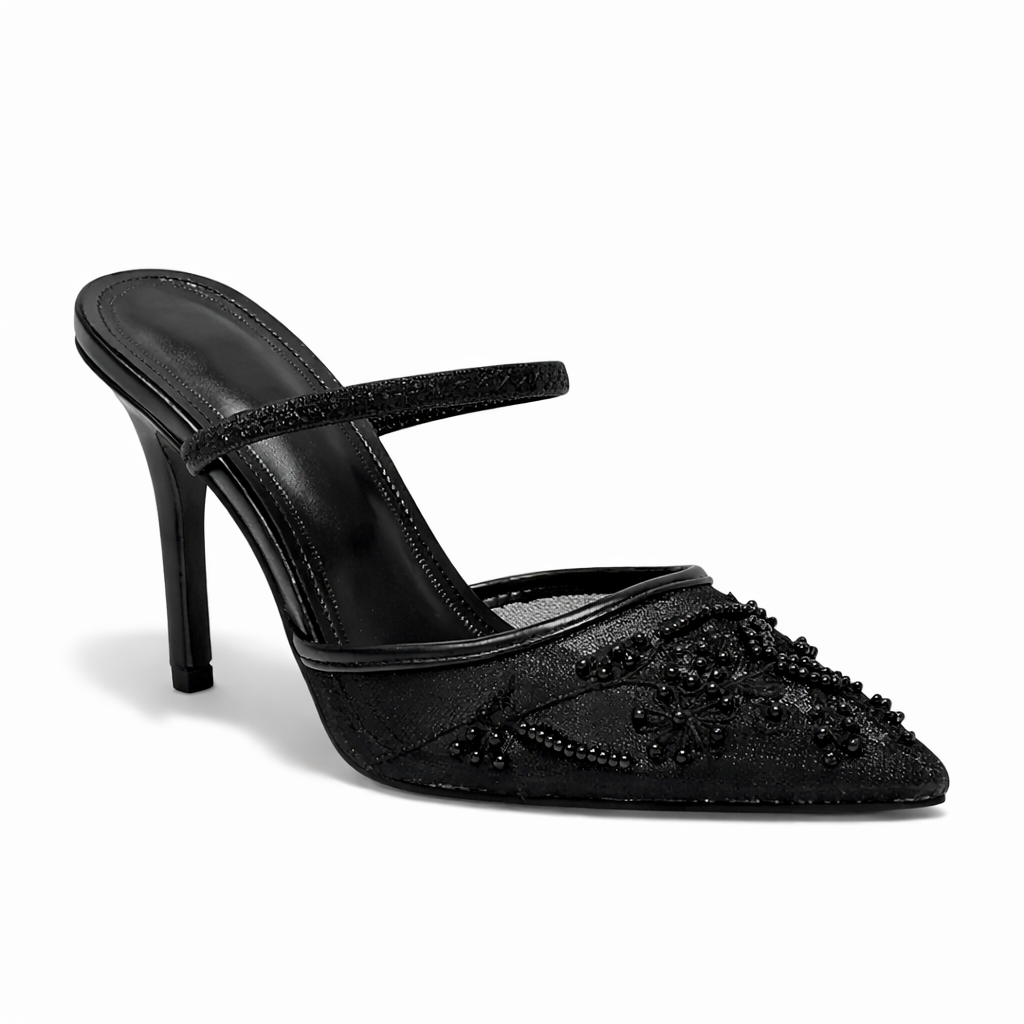 Women’s Embroidered Mesh Mule Heels – Floral Detail, Elegant Style – Evening, Casual
