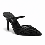 Women’s Embroidered Mesh Mule Heels – Floral Detail, Elegant Style – Evening, Casual