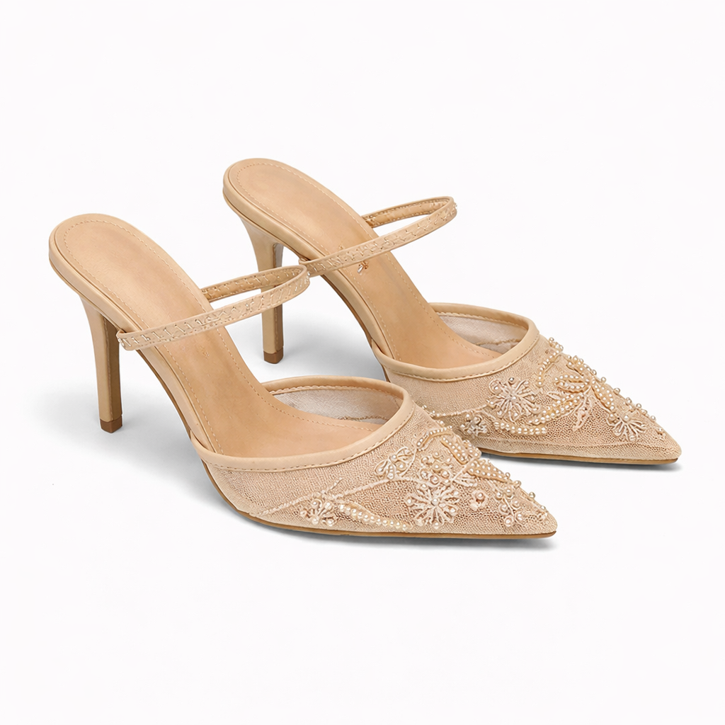Women’s Embroidered Mesh Mule Heels – Floral Detail, Elegant Style – Evening, Casual