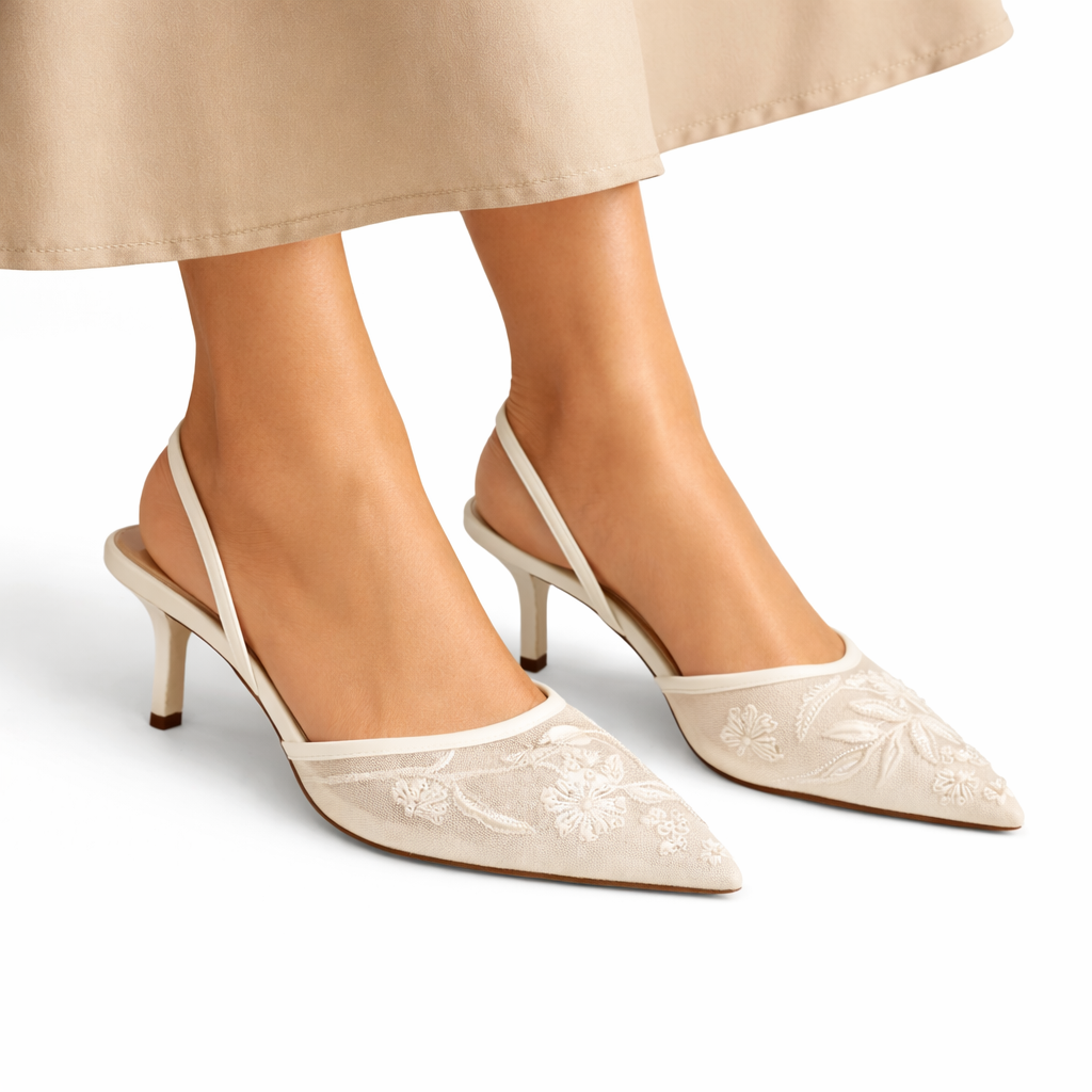 Women’s Embroidered Mesh Mule Heels – Floral Detail, Elegant Style – Evening, Casual