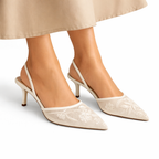 Women’s Embroidered Mesh Mule Heels – Floral Detail, Elegant Style – Evening, Casual