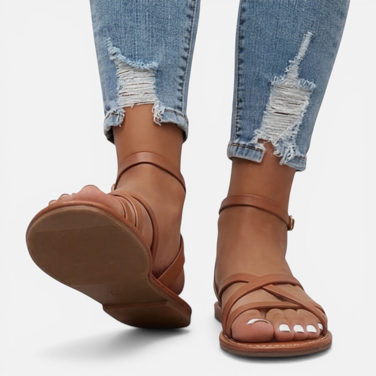 Leren Sandalen Dames Plat Met Enkelbandje – Casual, Zomer