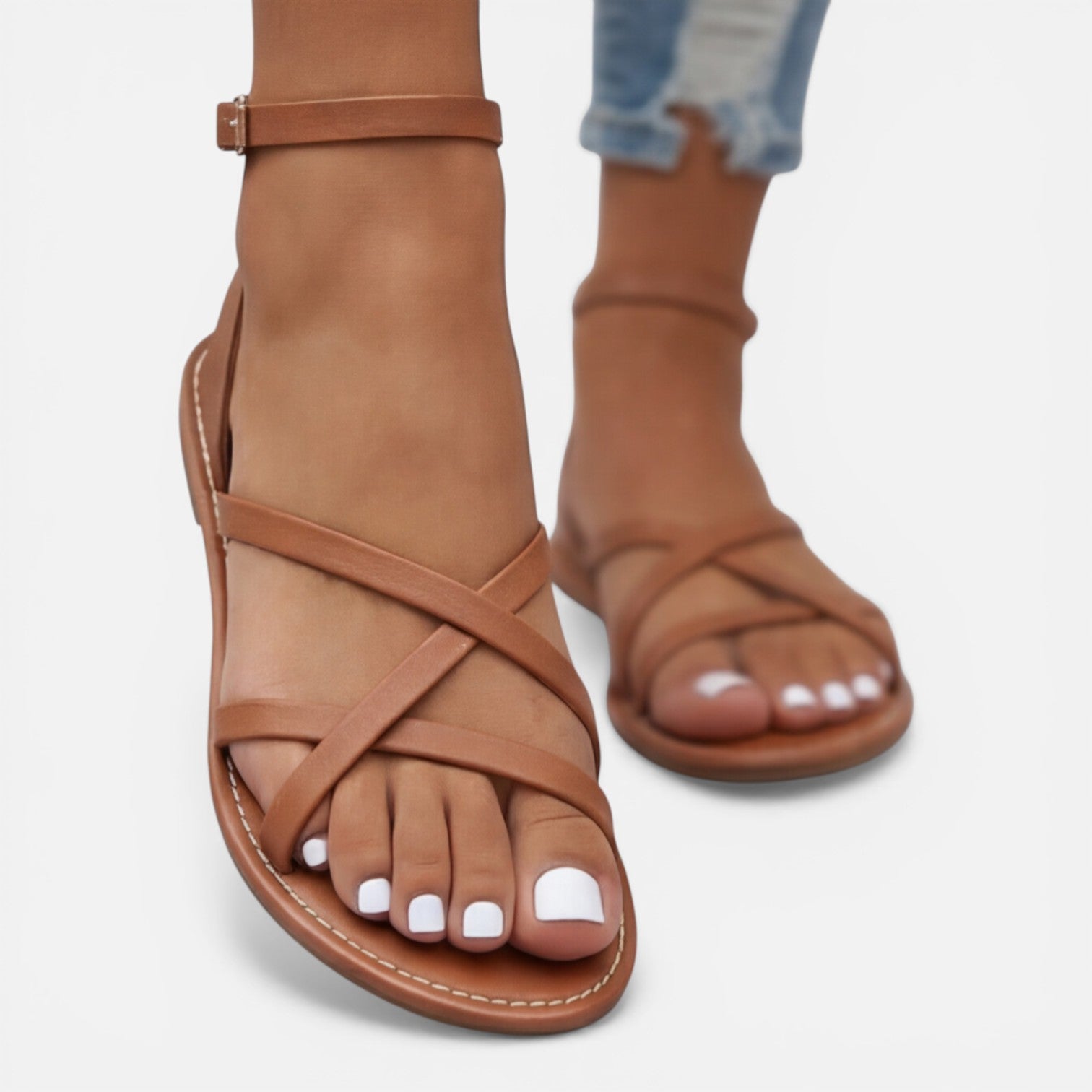 Leren Sandalen Dames Plat Met Enkelbandje – Casual, Zomer