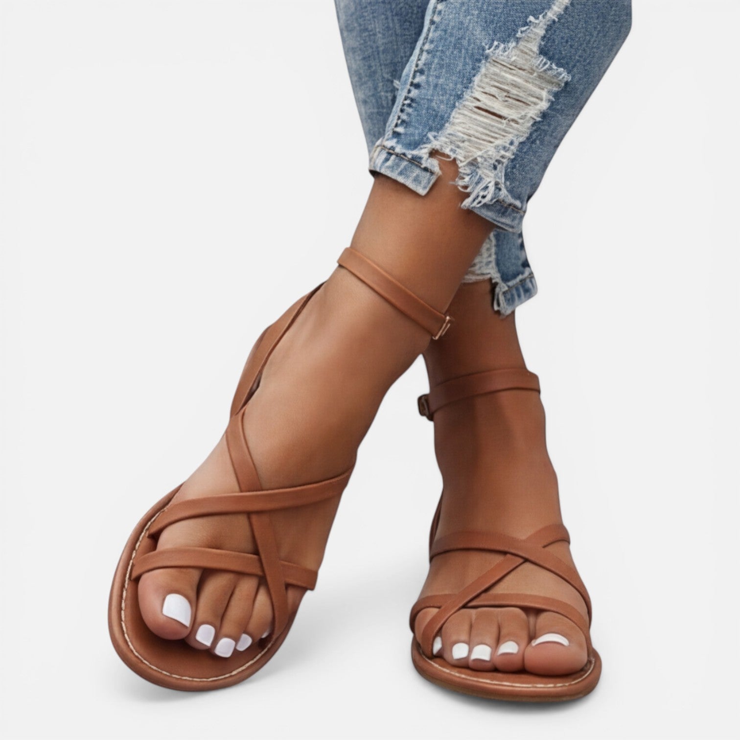 Leren Sandalen Dames Plat Met Enkelbandje – Casual, Zomer