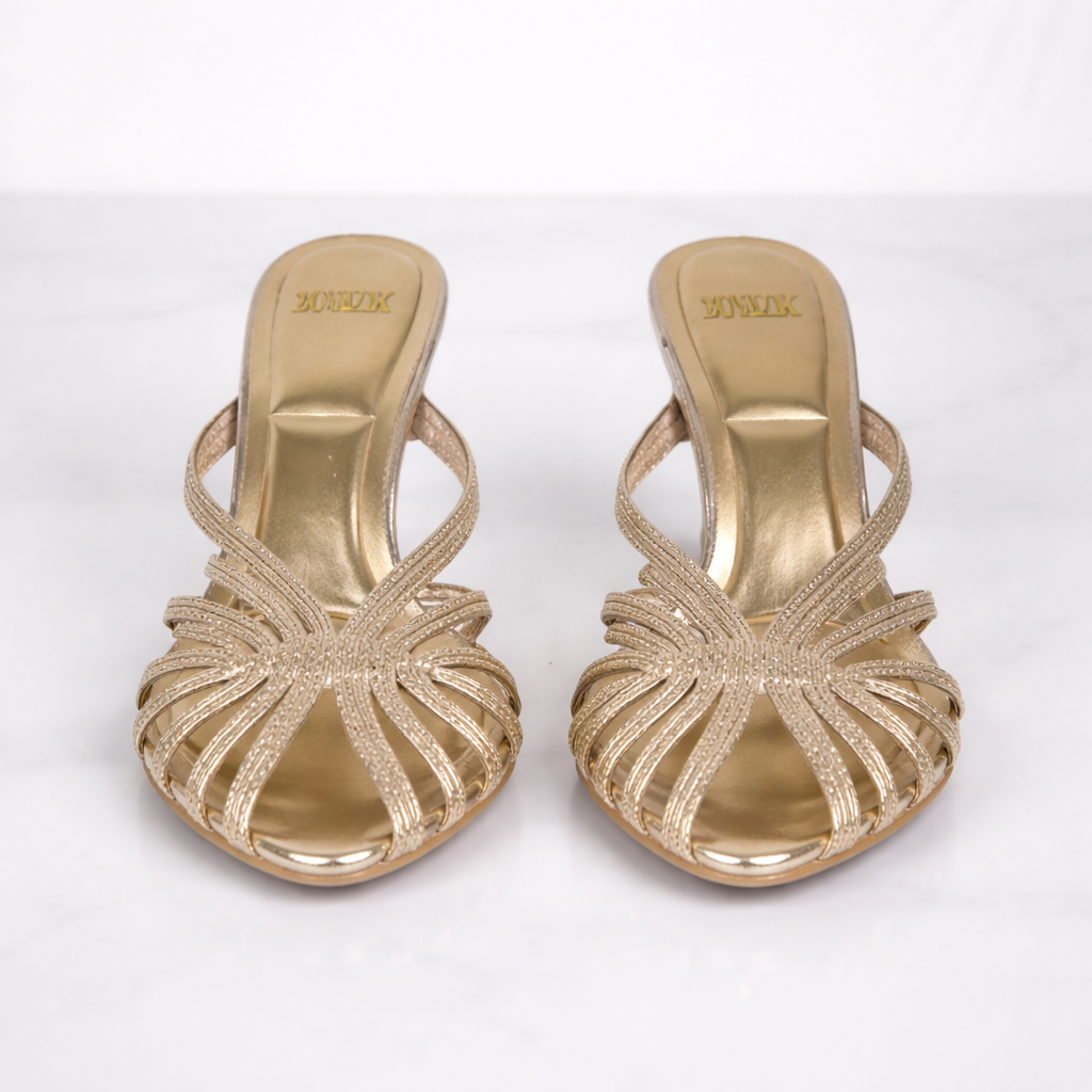 Women’s Gold Strappy Mule Heels – Elegant Footwear, Evening Out