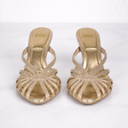 Women’s Gold Strappy Mule Heels – Elegant Footwear, Evening Out