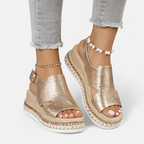 Women’s Wedge Sandals – Supportive Comfort, Metallic Finish – Casual, Summer