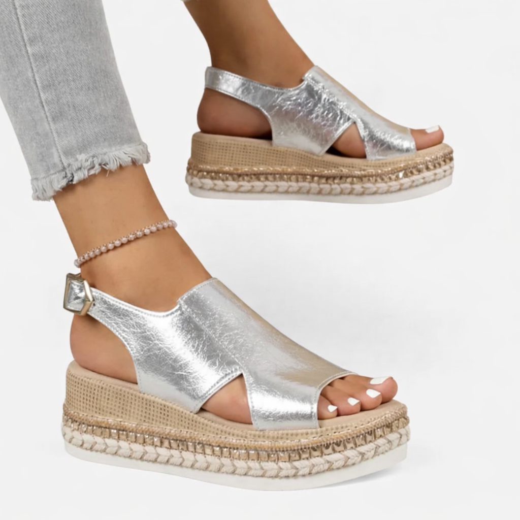 Women’s Wedge Sandals – Supportive Comfort, Metallic Finish – Casual, Summer