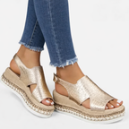 Women’s Wedge Sandals – Supportive Comfort, Metallic Finish – Casual, Summer