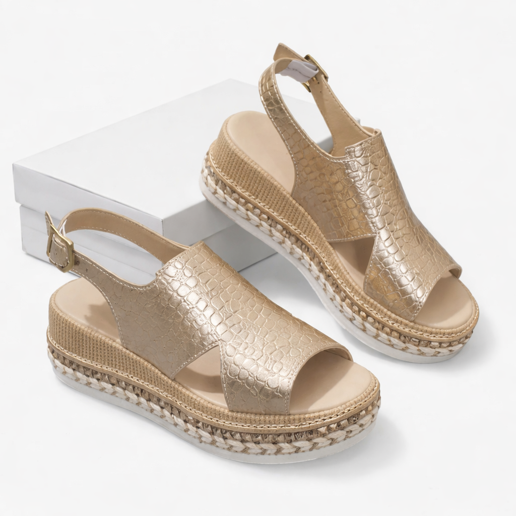 Women’s Wedge Sandals – Supportive Comfort, Metallic Finish – Casual, Summer