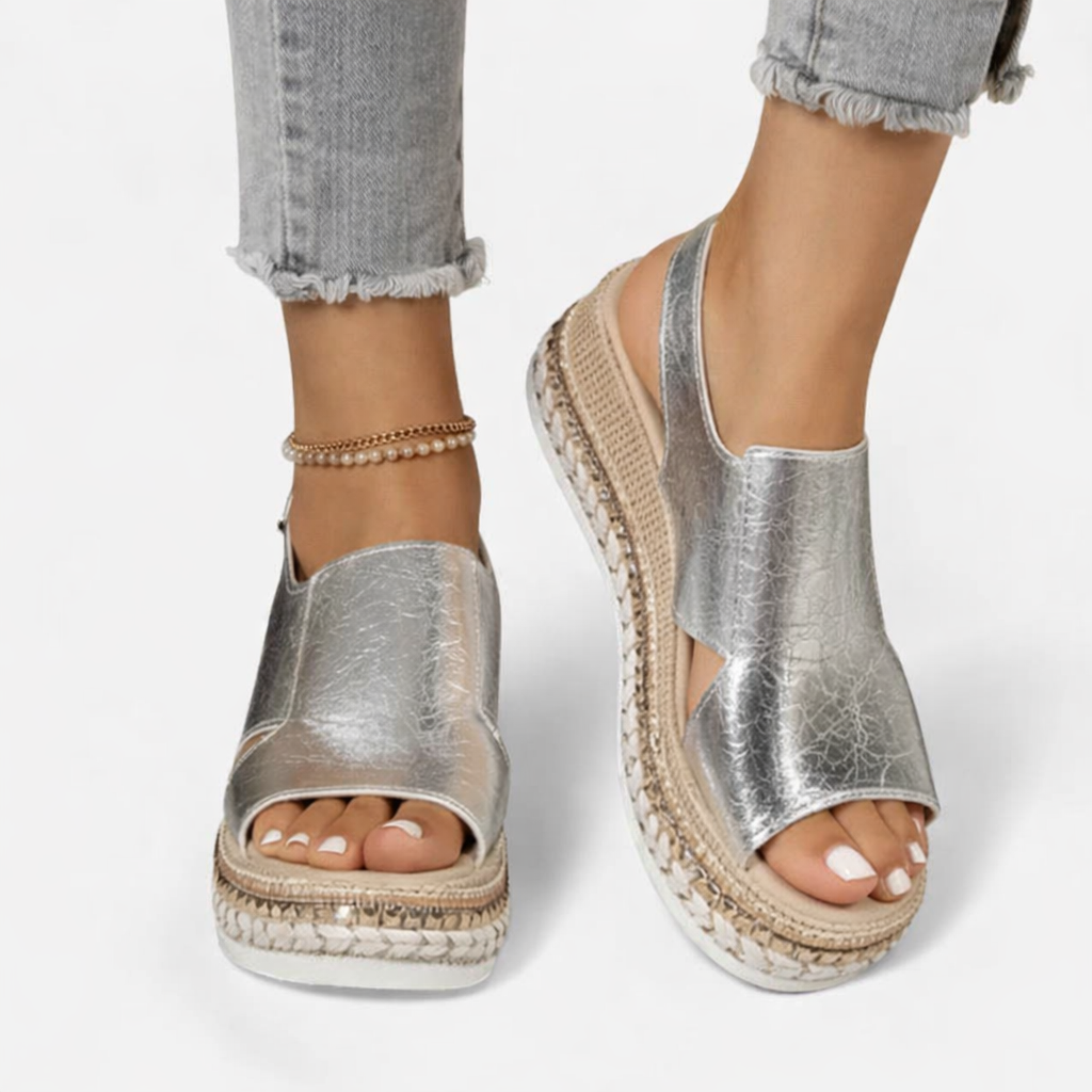 Women’s Wedge Sandals – Supportive Comfort, Metallic Finish – Casual, Summer