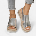 Women’s Wedge Sandals – Supportive Comfort, Metallic Finish – Casual, Summer