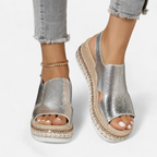 Women’s Wedge Sandals – Supportive Comfort, Metallic Finish – Casual, Summer