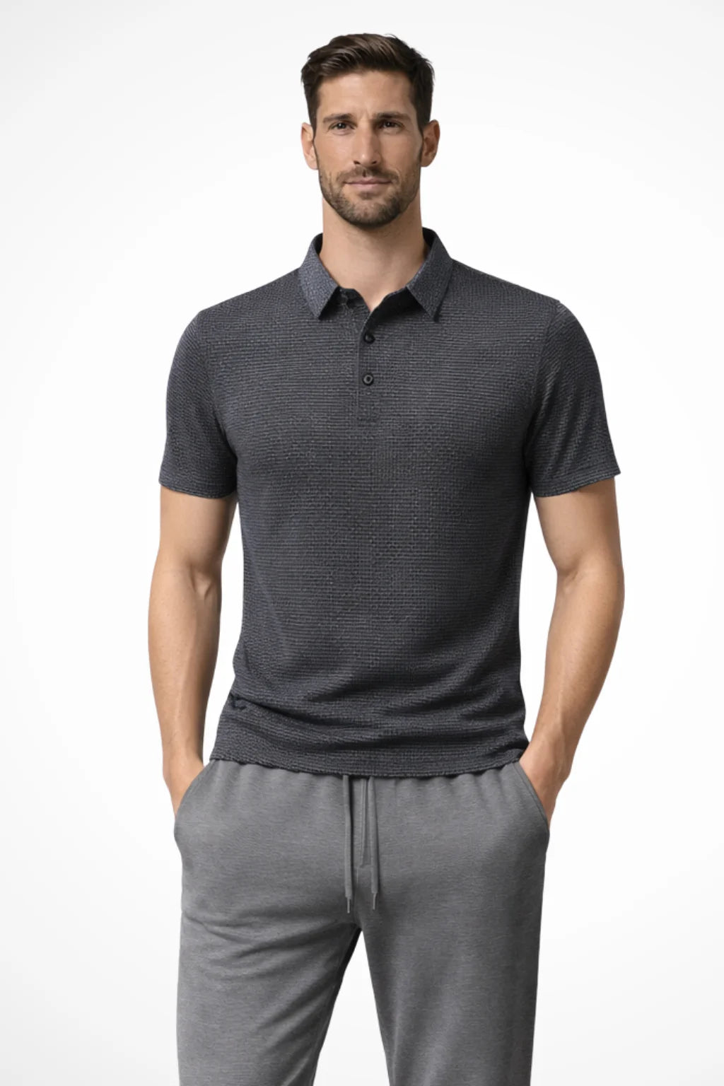 Men Waffle Knit Short Sleeve Formal Polo Shirt