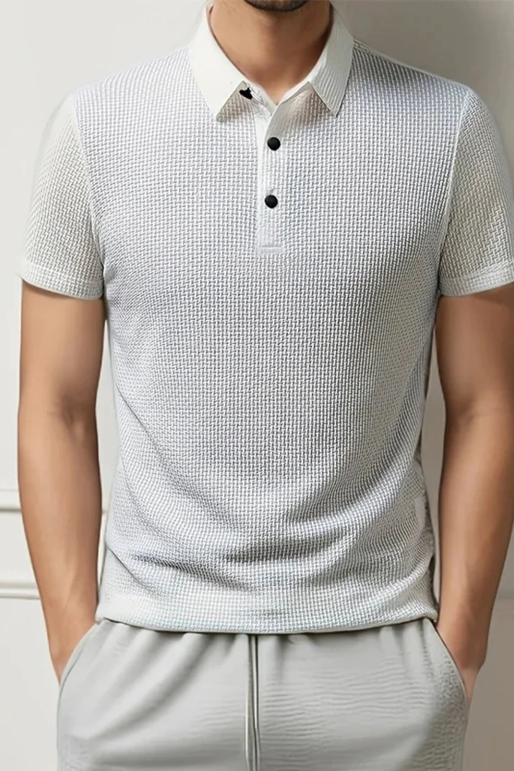 Men Waffle Knit Short Sleeve Formal Polo Shirt