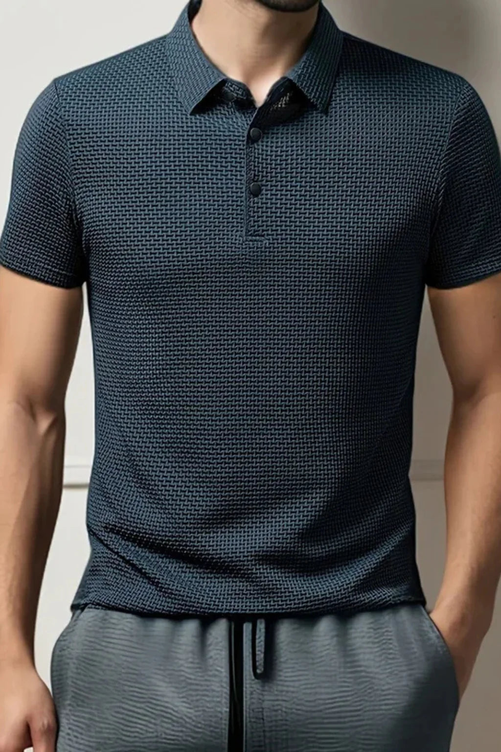 Men Waffle Knit Short Sleeve Formal Polo Shirt