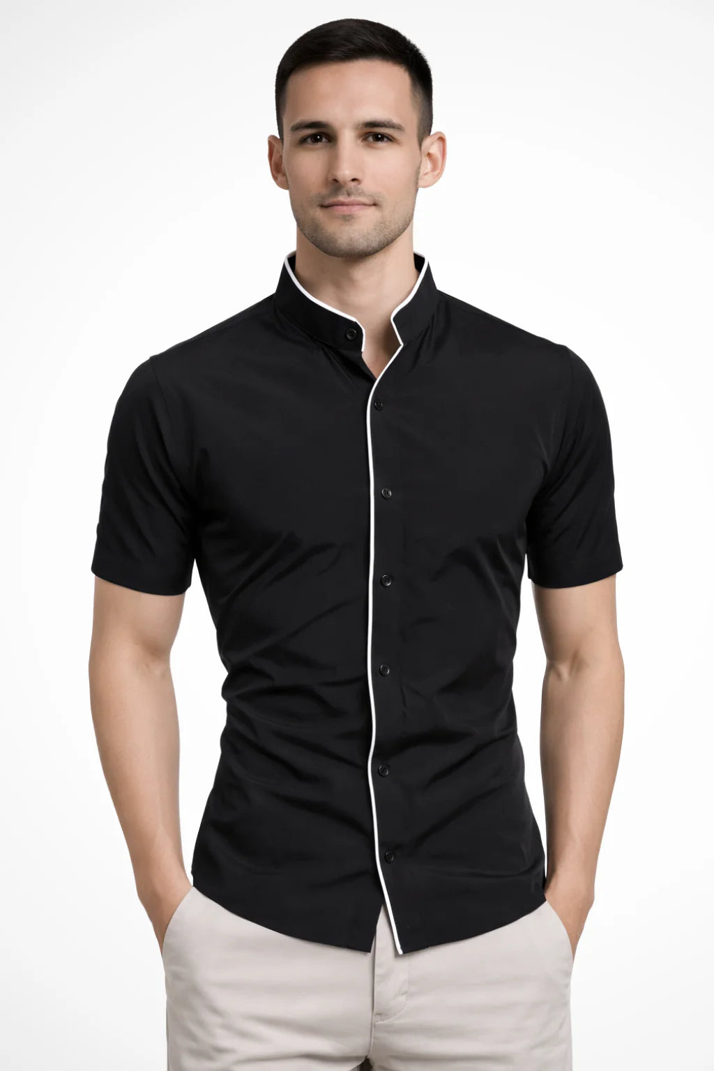 Men Buttoned Slim Fit Short Sleeve Shirt with Stand Collar