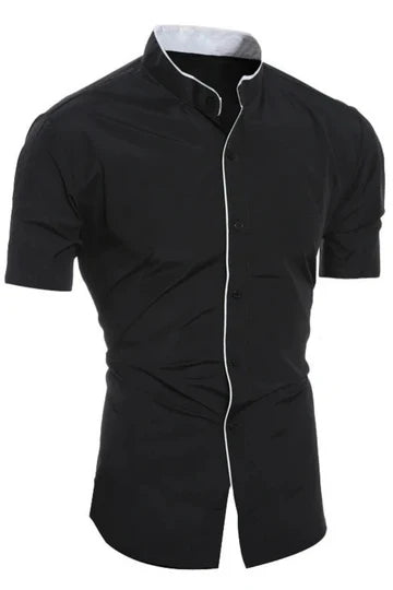 Men Buttoned Slim Fit Short Sleeve Shirt with Stand Collar