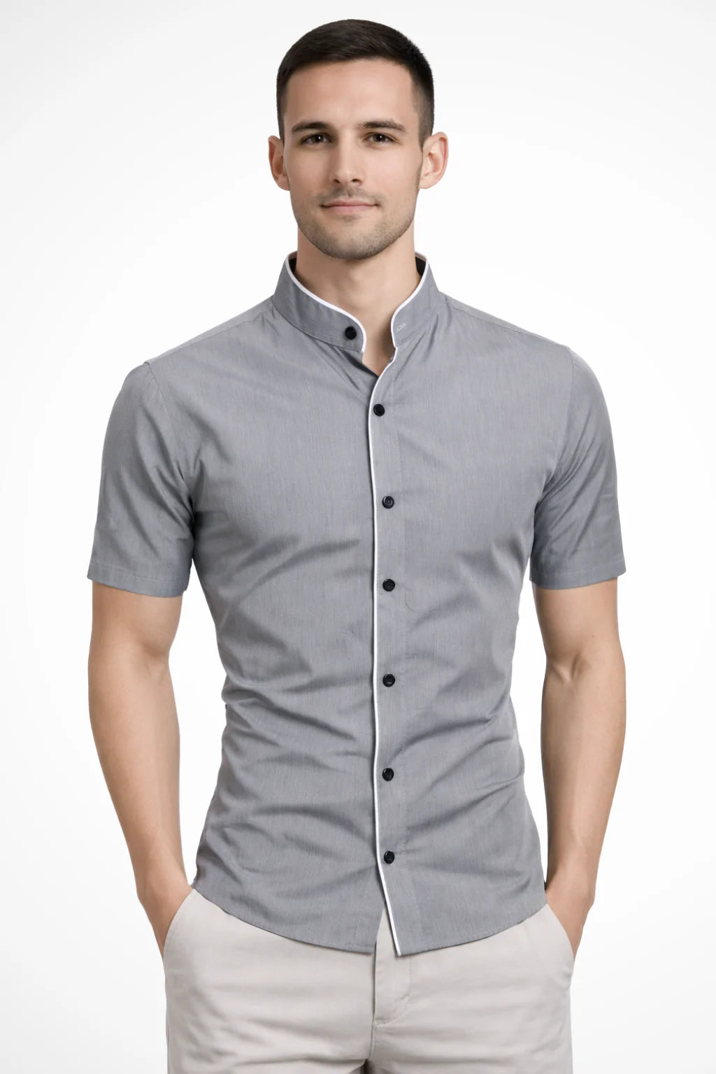 Men Buttoned Slim Fit Short Sleeve Shirt with Stand Collar
