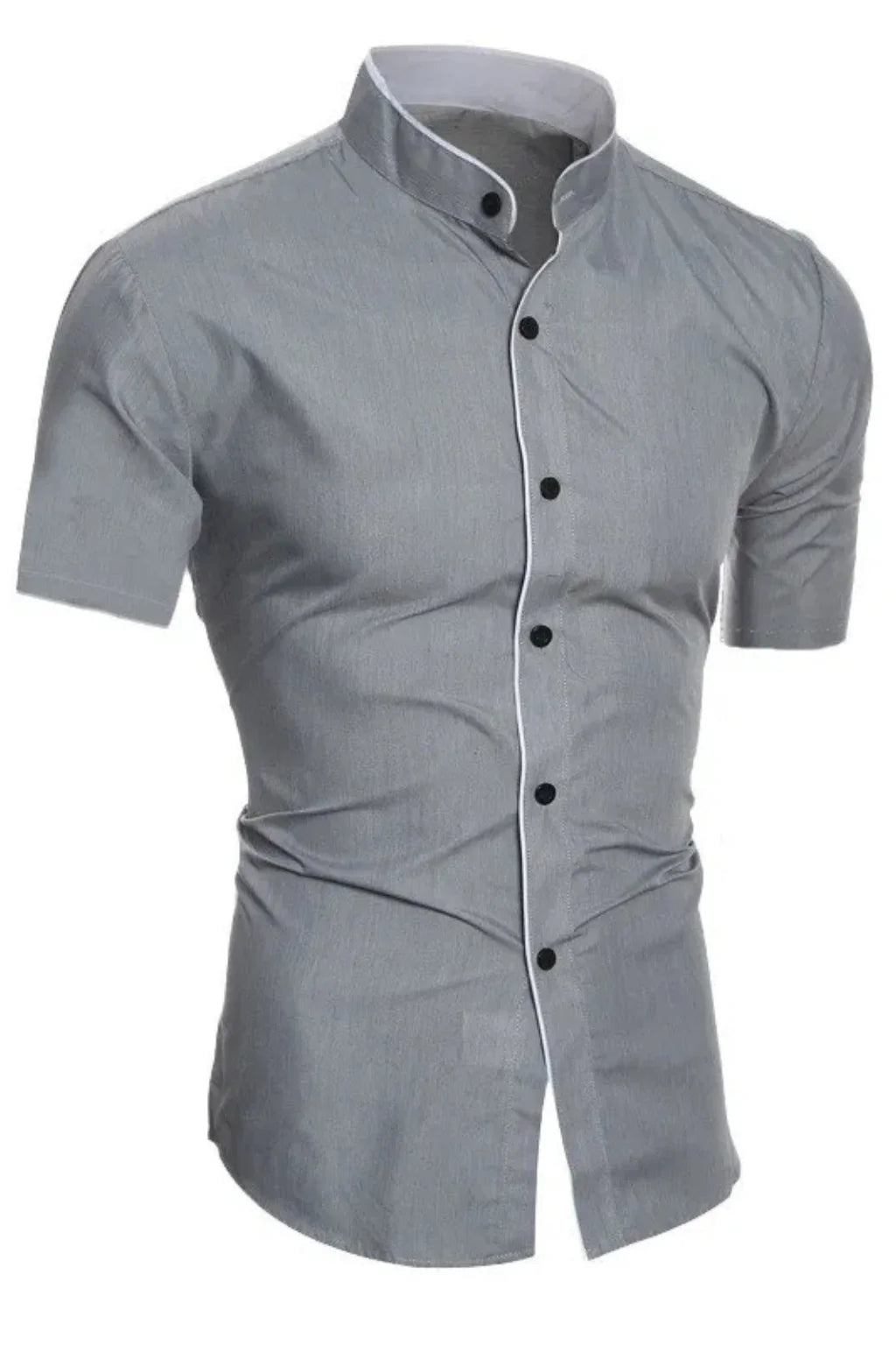 Men Buttoned Slim Fit Short Sleeve Shirt with Stand Collar