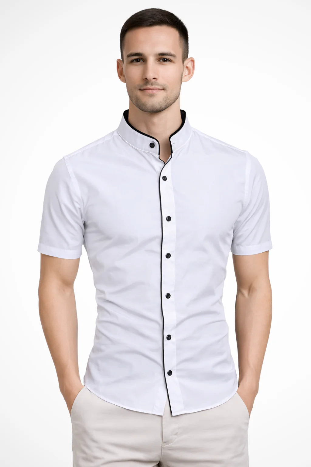 Men Buttoned Slim Fit Short Sleeve Shirt with Stand Collar