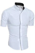 Men Buttoned Slim Fit Short Sleeve Shirt with Stand Collar