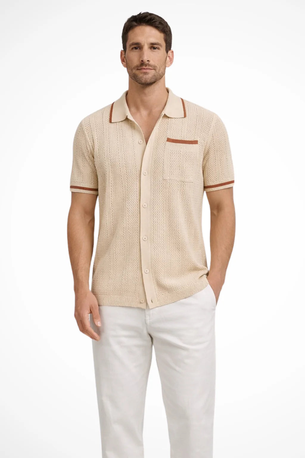 Men Short Sleeve Camp Collar Button Front Openwork Knit Shirt with Contrast Trim