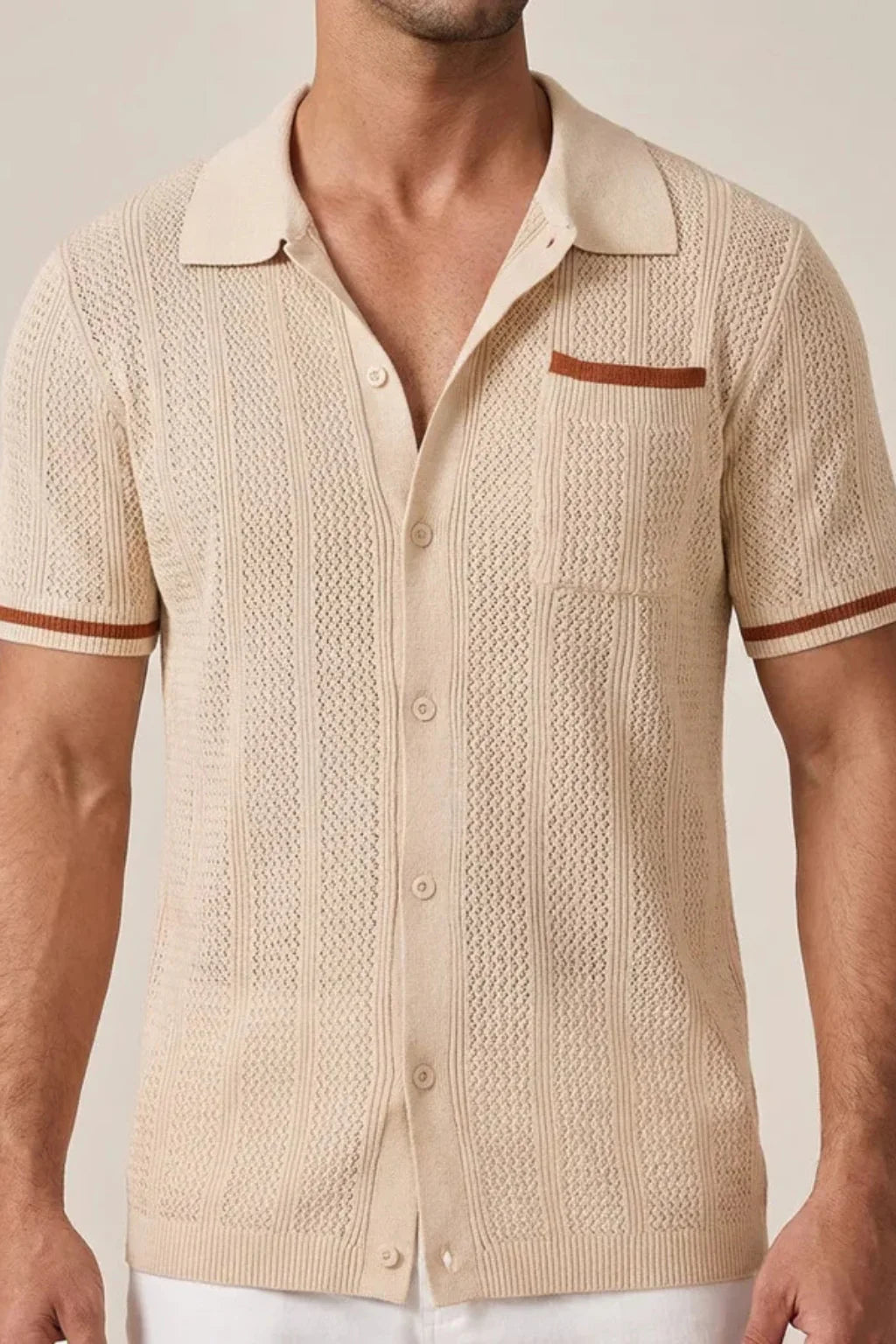 Men Short Sleeve Camp Collar Button Front Openwork Knit Shirt with Contrast Trim