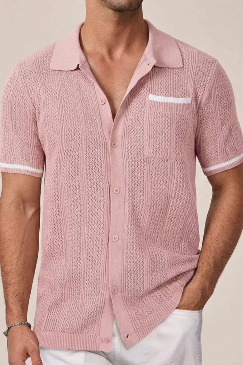 Men Short Sleeve Camp Collar Button Front Openwork Knit Shirt with Contrast Trim