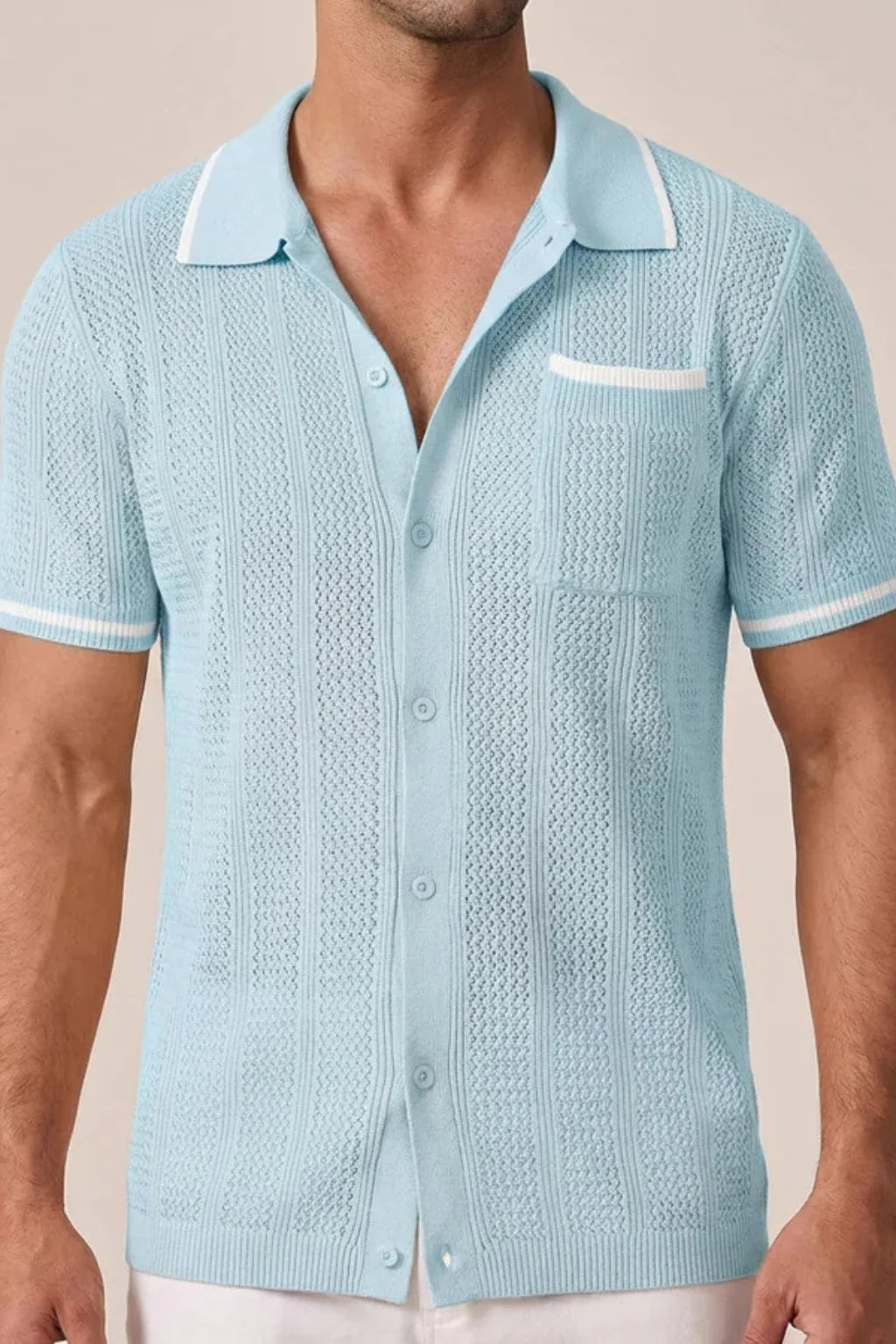 Men Short Sleeve Camp Collar Button Front Openwork Knit Shirt with Contrast Trim