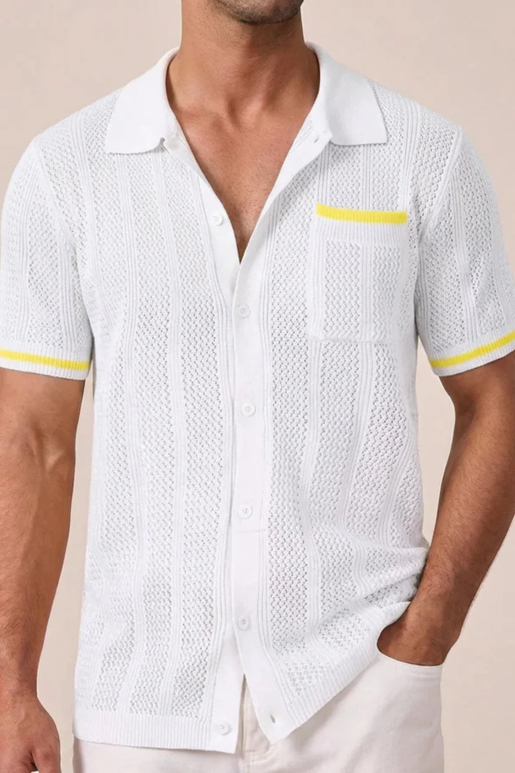 Men Short Sleeve Camp Collar Button Front Openwork Knit Shirt with Contrast Trim