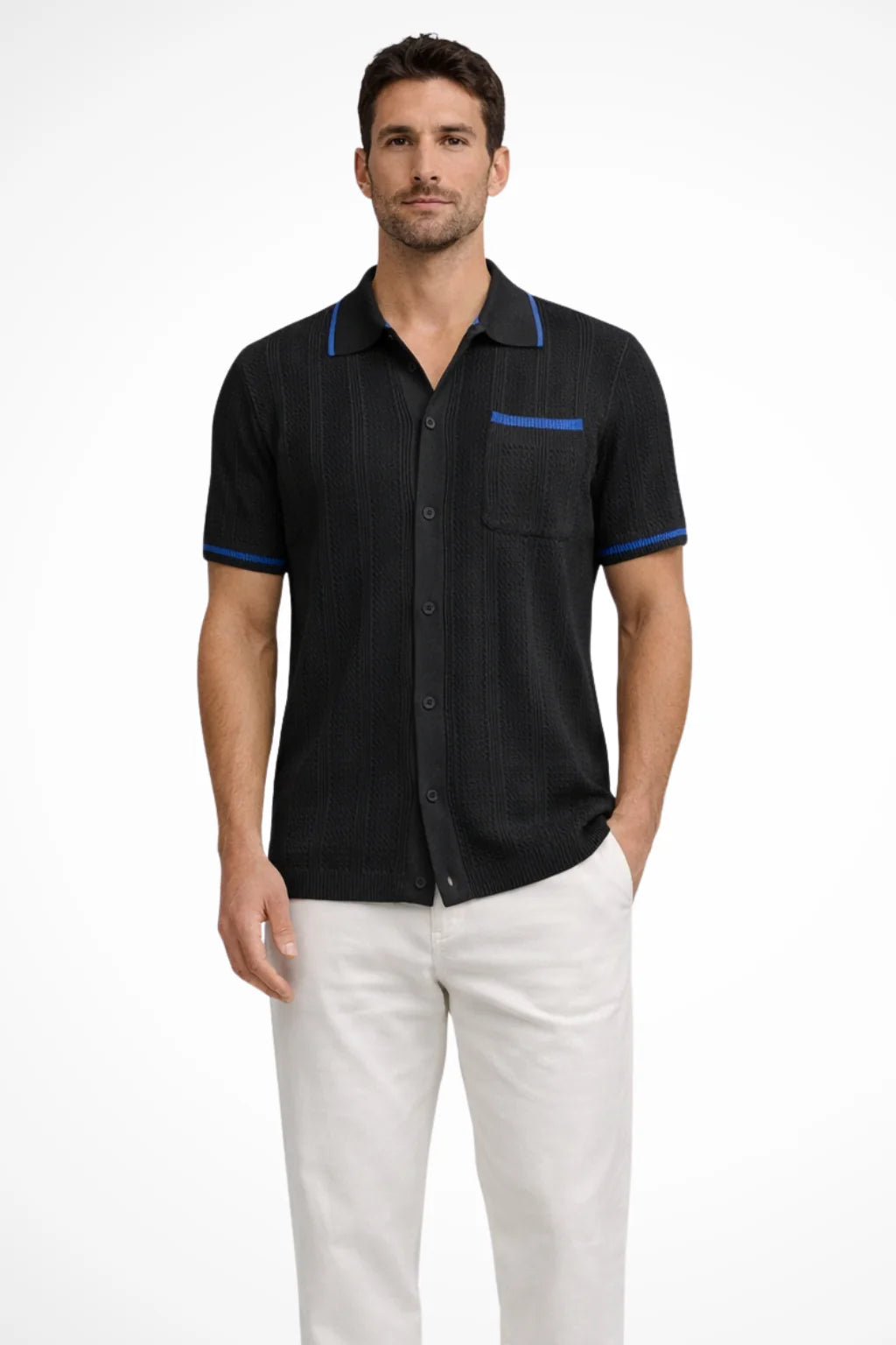 Men Short Sleeve Camp Collar Button Front Openwork Knit Shirt with Contrast Trim