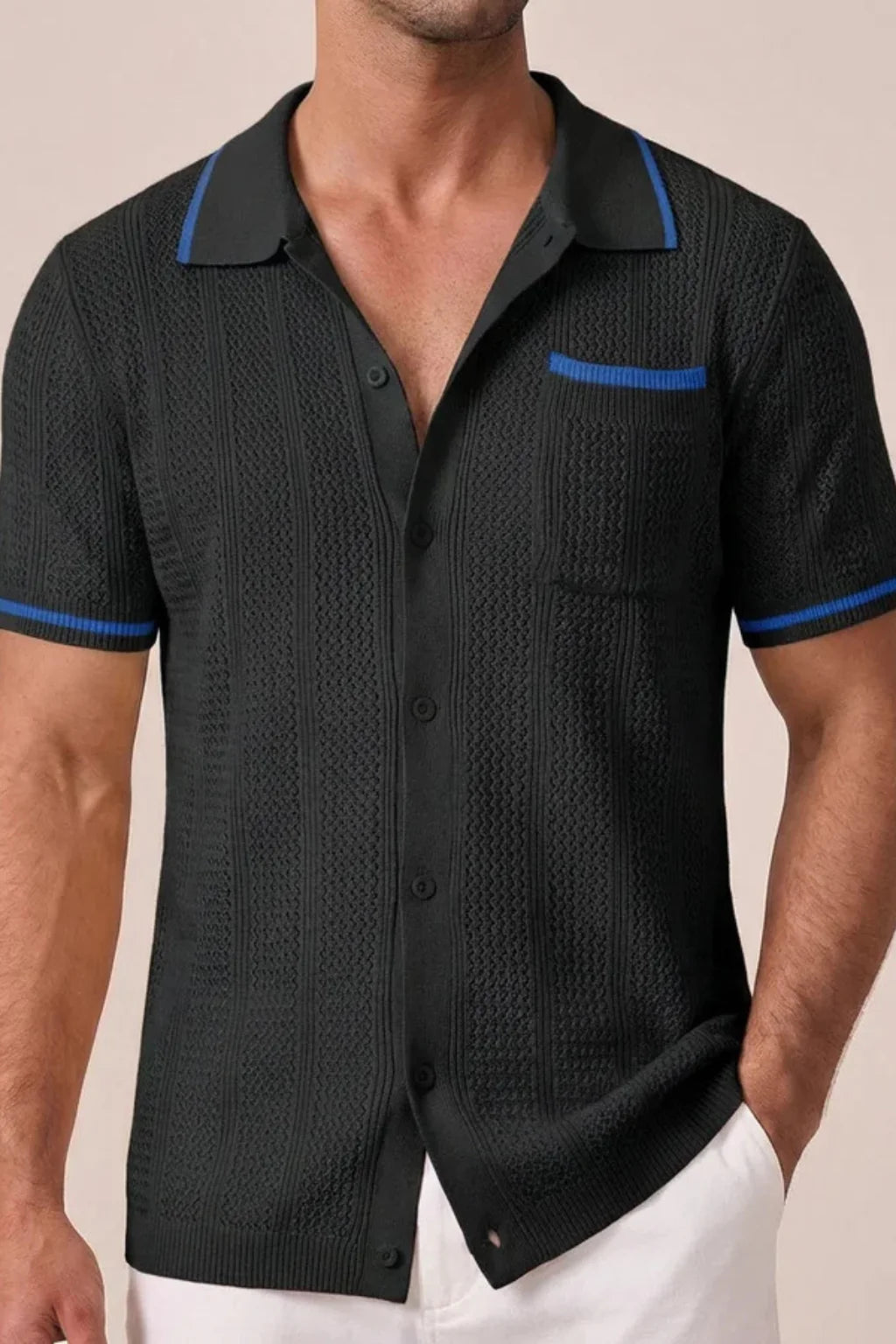 Men Short Sleeve Camp Collar Button Front Openwork Knit Shirt with Contrast Trim